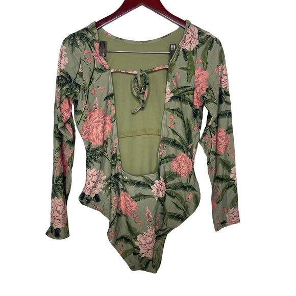 Agua Bendita Target Green Peony Floral Long Sleeve 1 Piece Swimsuit Bodysuit XL - Picture 5 of 5